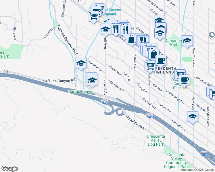 map of restaurants, bars, coffee shops, grocery stores, and more near 4124 Lowell Avenue in Glendale