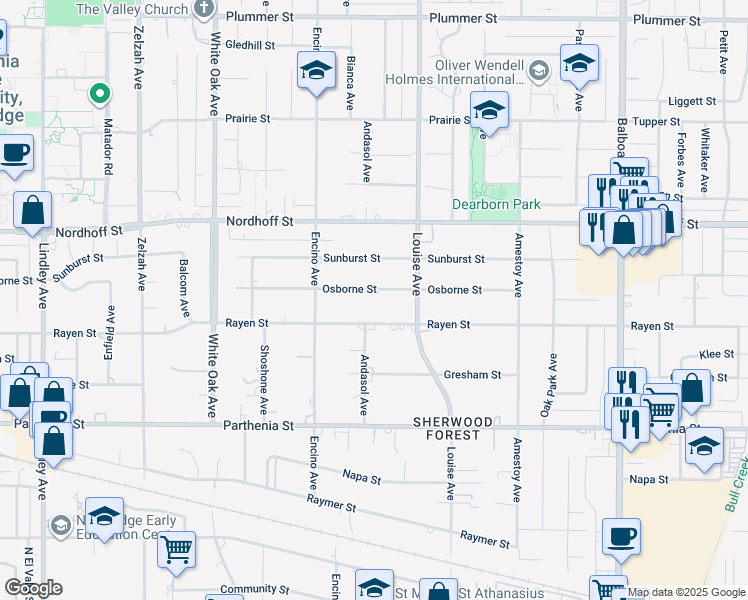 map of restaurants, bars, coffee shops, grocery stores, and more near 17350 Osborne Street in Los Angeles