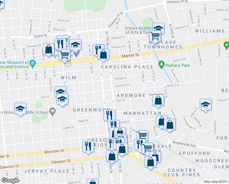 map of restaurants, bars, coffee shops, grocery stores, and more near 225 South 17th Street in Wilmington