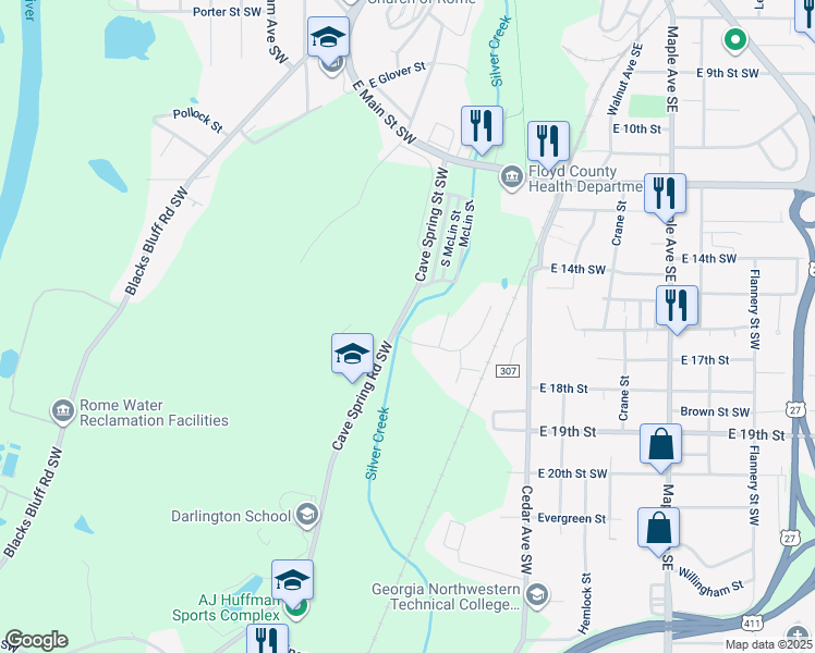 map of restaurants, bars, coffee shops, grocery stores, and more near 315 Cave Spring Street Southwest in Rome