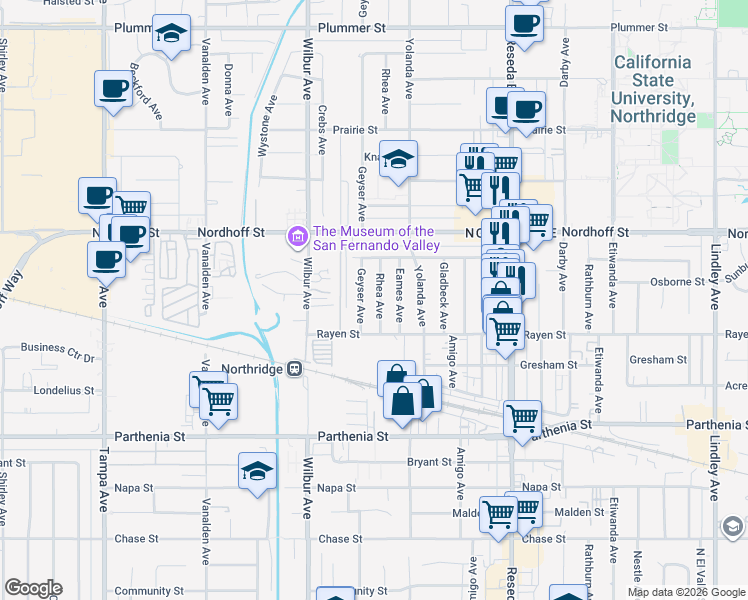 map of restaurants, bars, coffee shops, grocery stores, and more near 8939 Rhea Avenue in Los Angeles