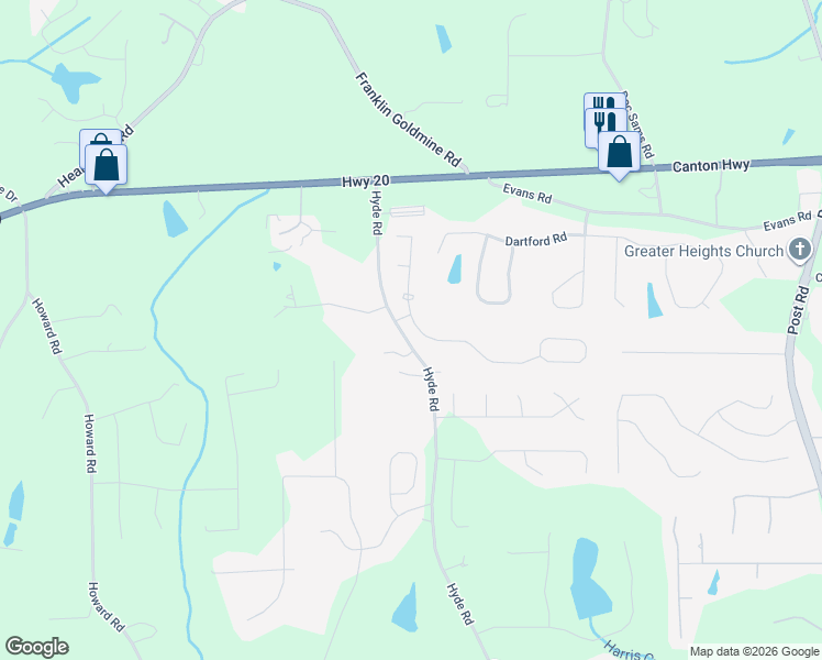 map of restaurants, bars, coffee shops, grocery stores, and more near 4520 Carver Court in Cumming