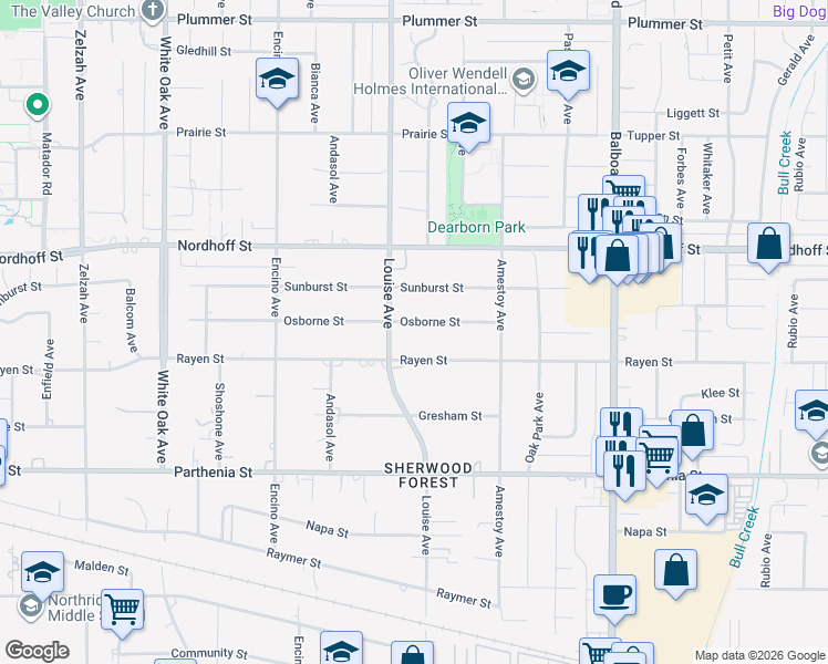 map of restaurants, bars, coffee shops, grocery stores, and more near 17240 Osborne Street in Los Angeles