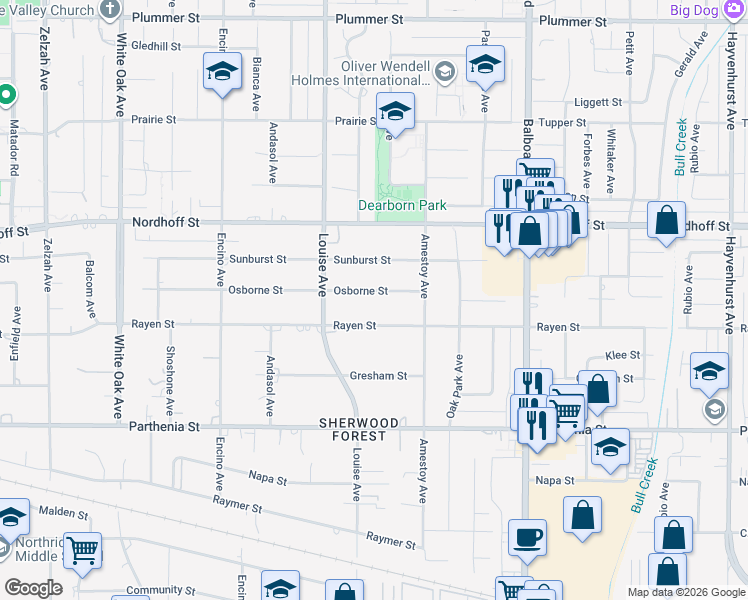 map of restaurants, bars, coffee shops, grocery stores, and more near 17210 Osborne Street in Los Angeles