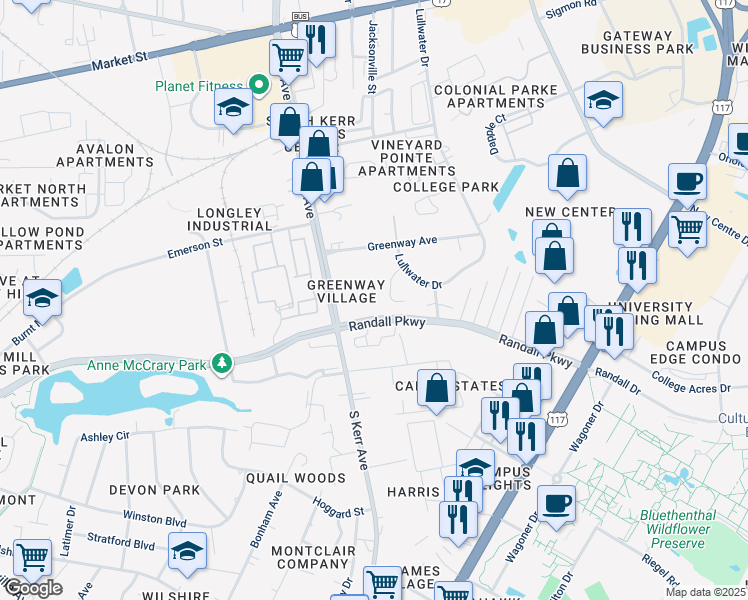 map of restaurants, bars, coffee shops, grocery stores, and more near 321 South Kerr Avenue in Wilmington