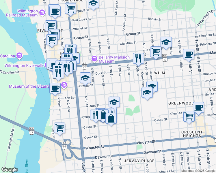 map of restaurants, bars, coffee shops, grocery stores, and more near 209 South 6th Street in Wilmington