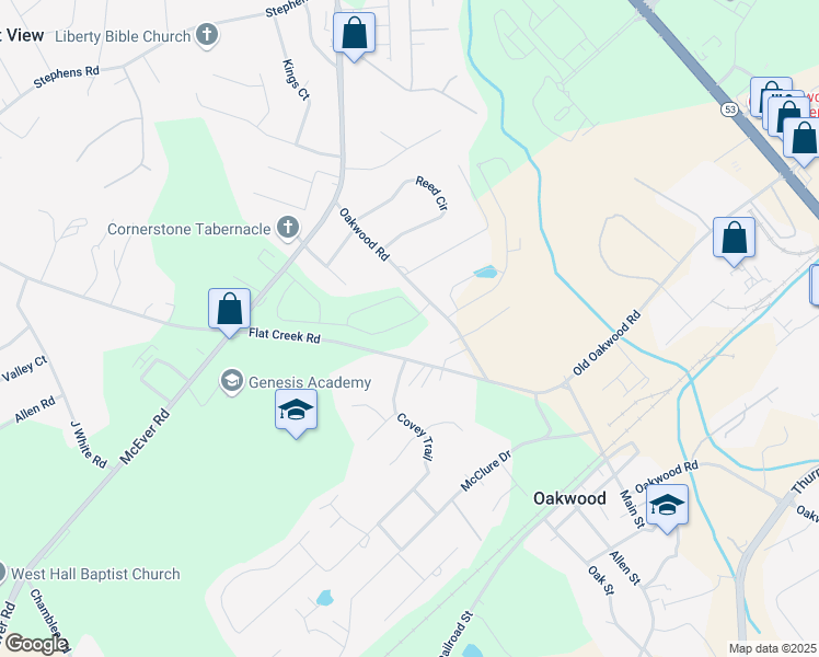 map of restaurants, bars, coffee shops, grocery stores, and more near 5351 Fox Den Road in Oakwood