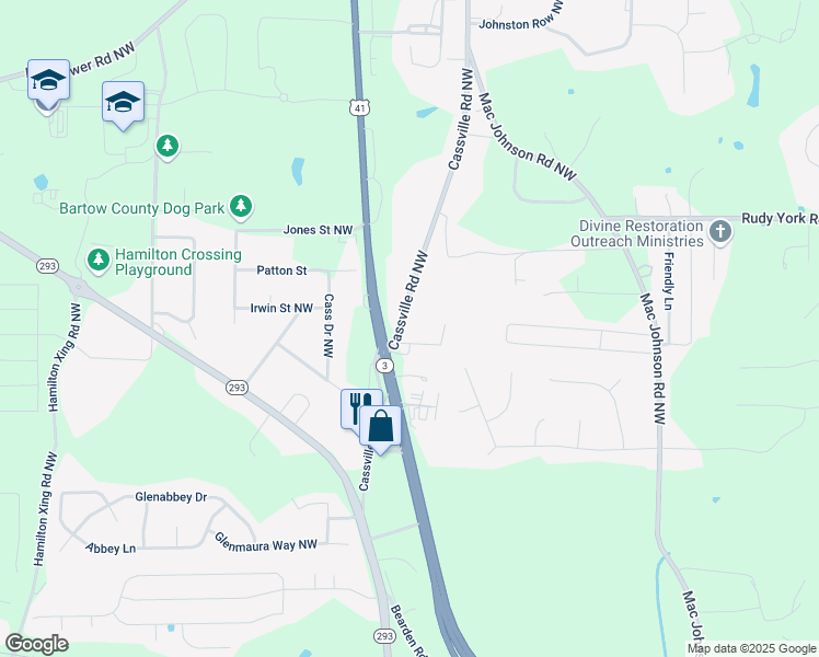 map of restaurants, bars, coffee shops, grocery stores, and more near 1404 Cassville Road Northwest in Cartersville