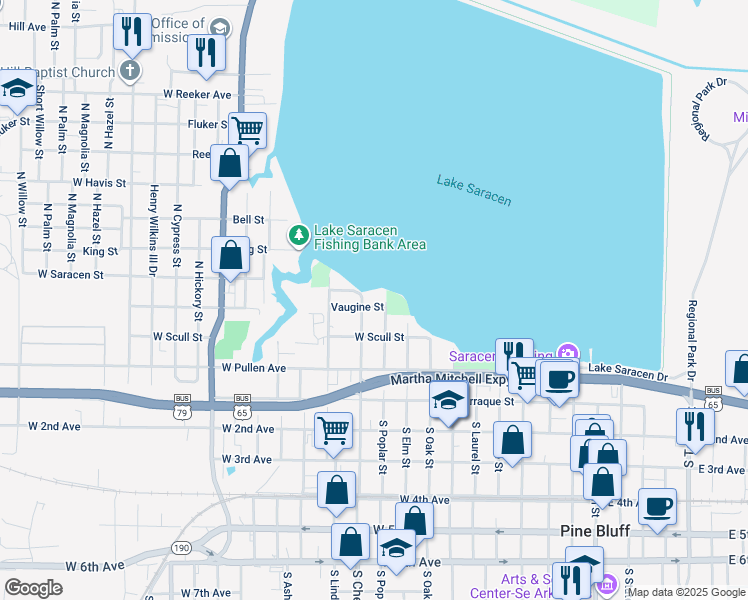 map of restaurants, bars, coffee shops, grocery stores, and more near 1005 Vaugine Street in Pine Bluff