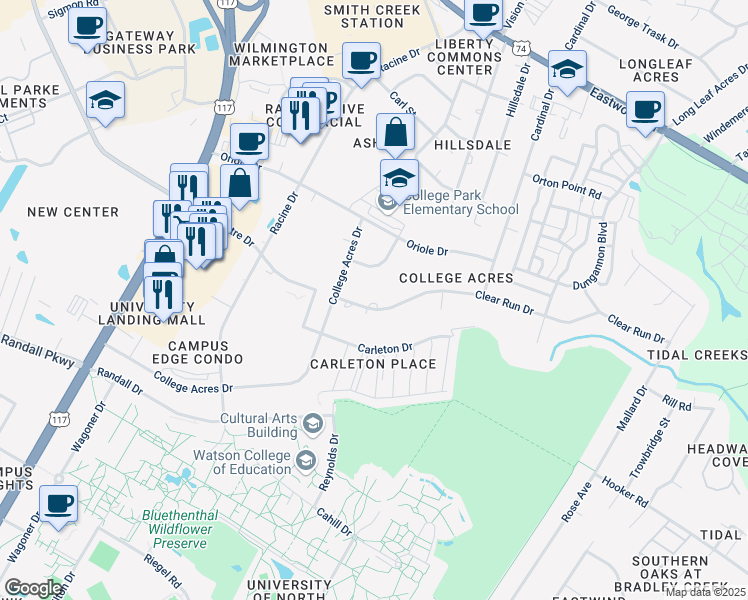 map of restaurants, bars, coffee shops, grocery stores, and more near 5017 Clear Run Drive in Wilmington