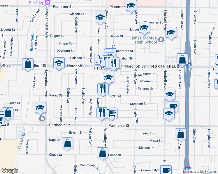 map of restaurants, bars, coffee shops, grocery stores, and more near 9229 Haskell Avenue in Los Angeles