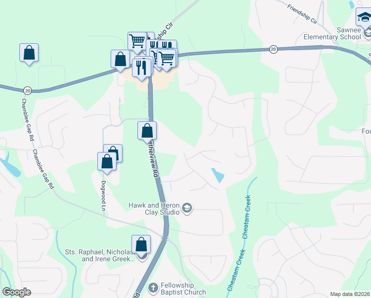 map of restaurants, bars, coffee shops, grocery stores, and more near 2870 Willow Wisp Way in Cumming