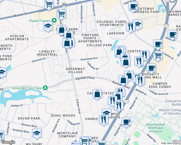 map of restaurants, bars, coffee shops, grocery stores, and more near 4845 Kubeck Court in Wilmington
