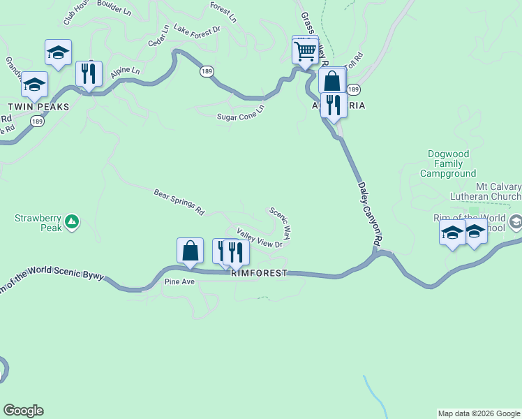 map of restaurants, bars, coffee shops, grocery stores, and more near 1149 Scenic Way in Lake Arrowhead