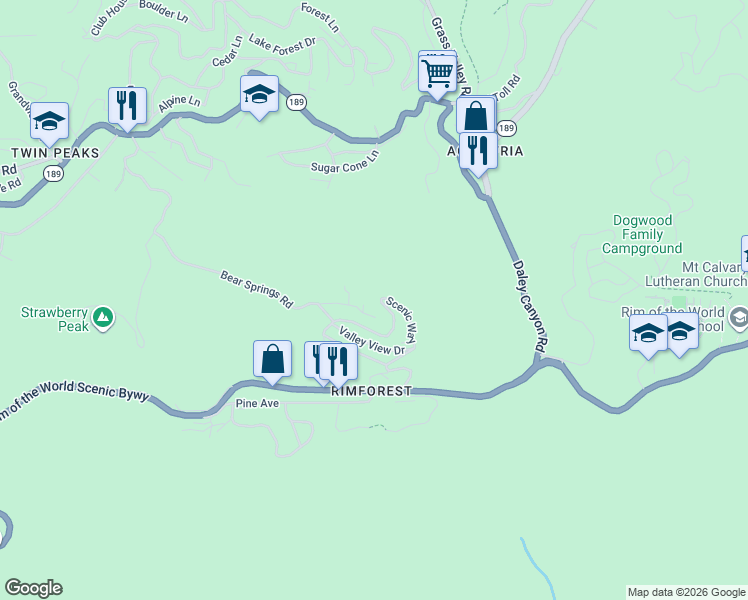 map of restaurants, bars, coffee shops, grocery stores, and more near 26576 Lakeview Drive in Rimforest
