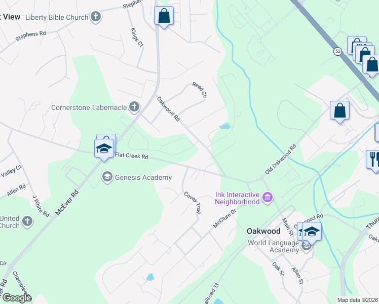 map of restaurants, bars, coffee shops, grocery stores, and more near 3951 Oakwood Road in Oakwood