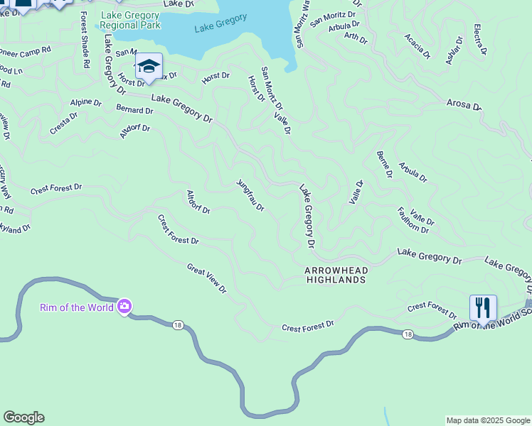 map of restaurants, bars, coffee shops, grocery stores, and more near 1108 Jungfrau Drive in Crestline