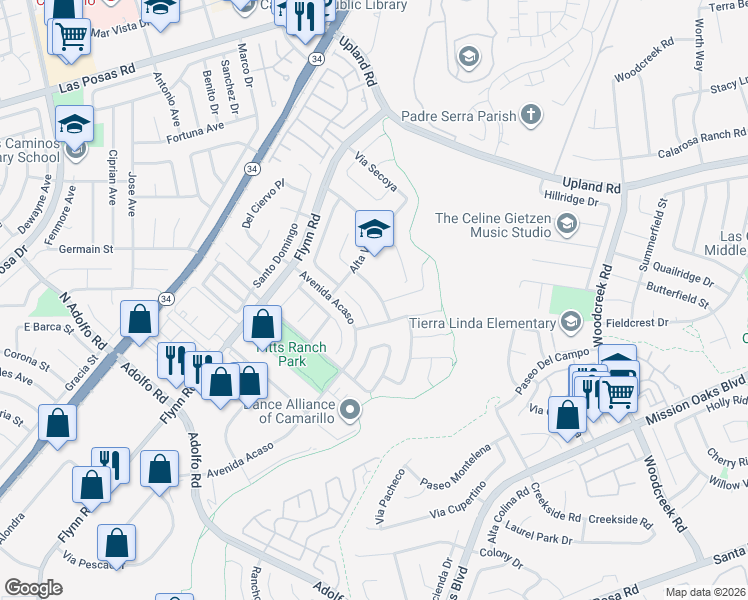 map of restaurants, bars, coffee shops, grocery stores, and more near 4891 Corte Olivas in Camarillo