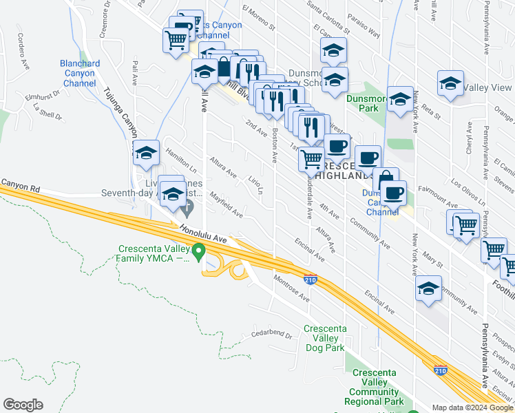 map of restaurants, bars, coffee shops, grocery stores, and more near 3824 Altura Avenue in Glendale