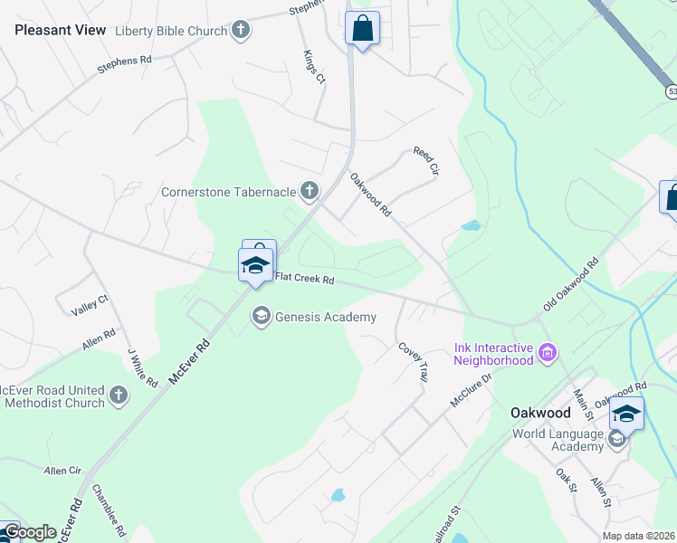 map of restaurants, bars, coffee shops, grocery stores, and more near 4021 Flat Creek Road in Oakwood