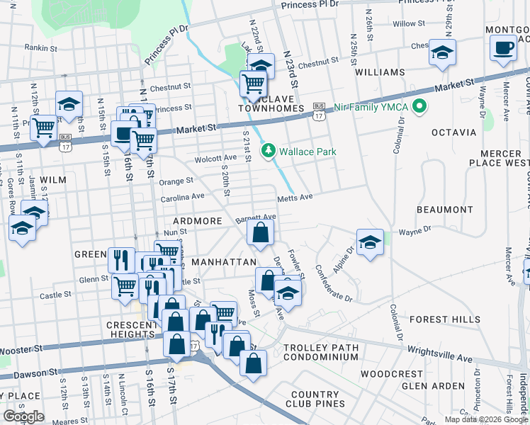 map of restaurants, bars, coffee shops, grocery stores, and more near 2111 Barnett Ave in Wilmington