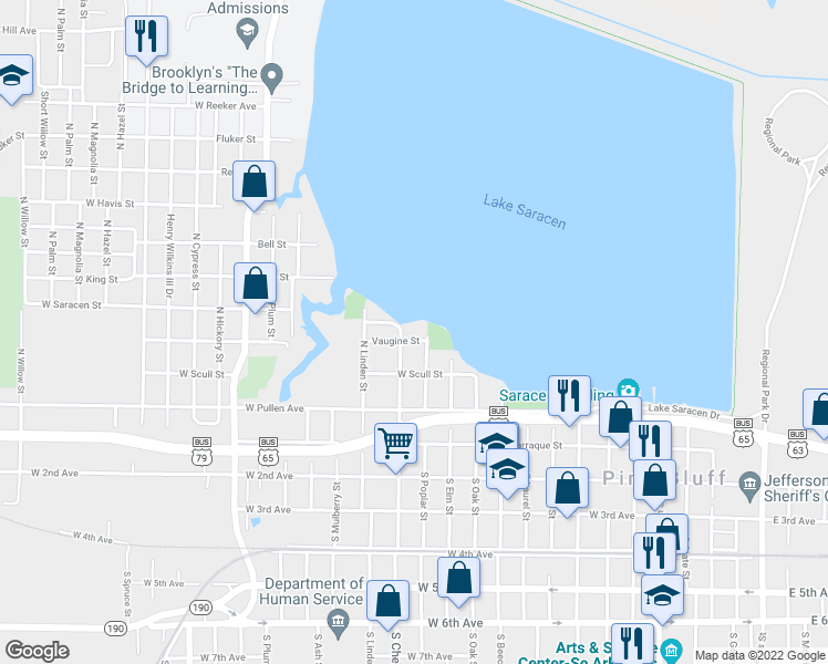 map of restaurants, bars, coffee shops, grocery stores, and more near 1003 Vaugine Street in Pine Bluff