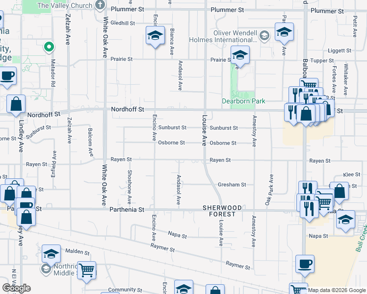 map of restaurants, bars, coffee shops, grocery stores, and more near 17350 Osborne Street in Los Angeles