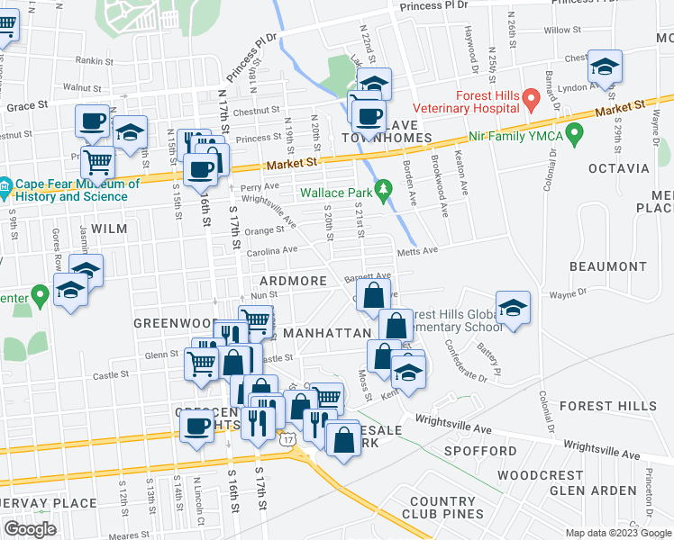 map of restaurants, bars, coffee shops, grocery stores, and more near 2009 Wrightsville Avenue in Wilmington