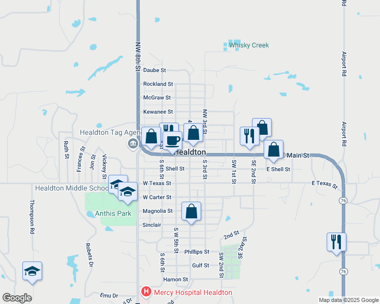 map of restaurants, bars, coffee shops, grocery stores, and more near in Healdton