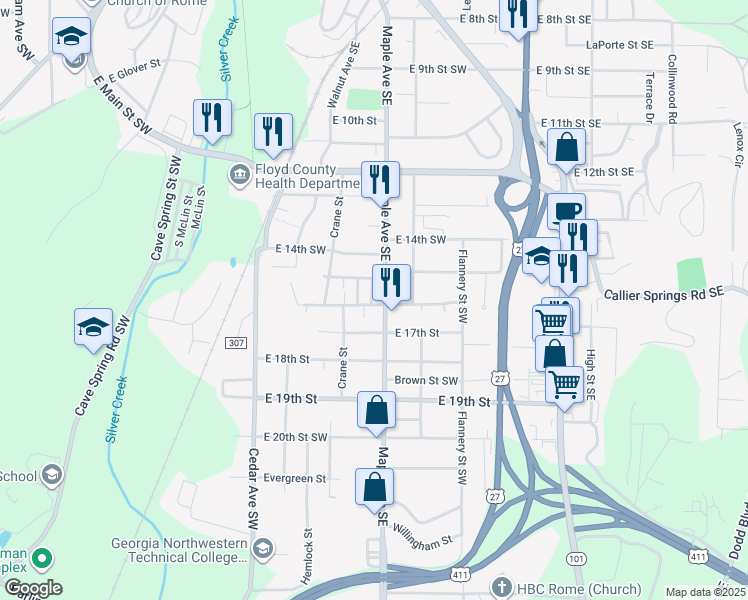 map of restaurants, bars, coffee shops, grocery stores, and more near 39 East 16th Street Southwest in Rome