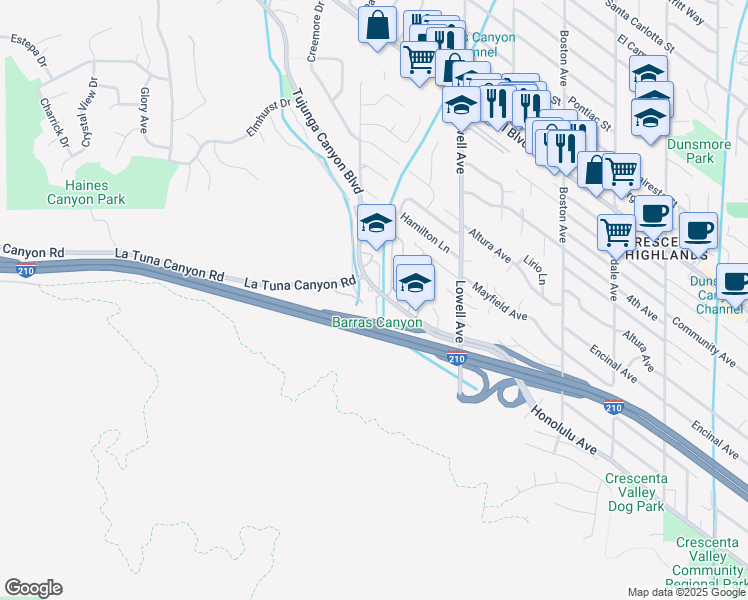 map of restaurants, bars, coffee shops, grocery stores, and more near 6300 Honolulu Avenue in Glendale