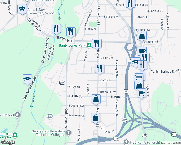 map of restaurants, bars, coffee shops, grocery stores, and more near 39 East 16th Street Southwest in Rome