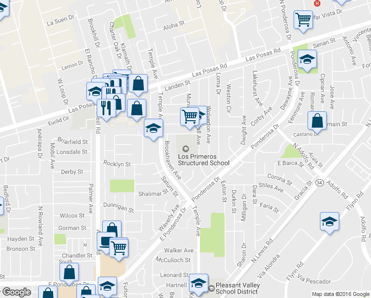map of restaurants, bars, coffee shops, grocery stores, and more near 1555 Kendall Avenue in Camarillo