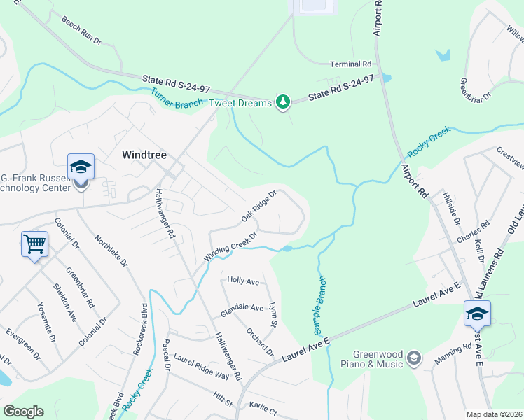 map of restaurants, bars, coffee shops, grocery stores, and more near 206 Oak Ridge Drive in Greenwood