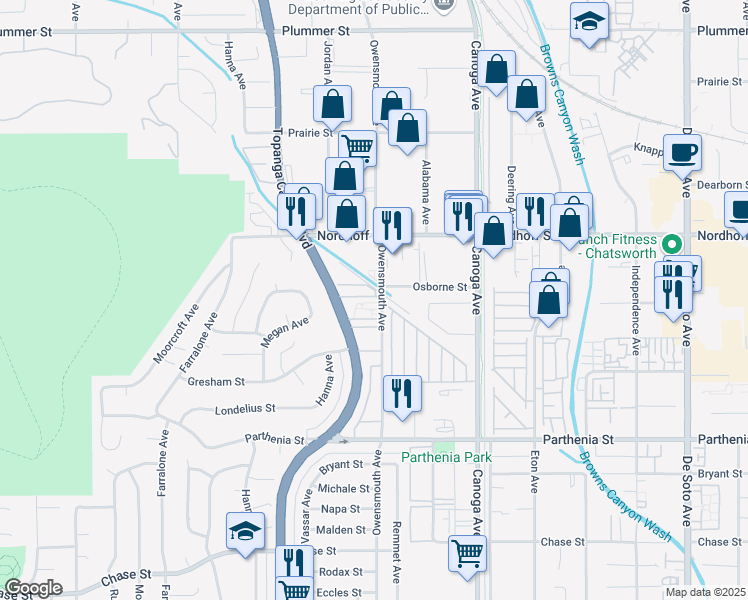 map of restaurants, bars, coffee shops, grocery stores, and more near 9001 Owensmouth Avenue in Los Angeles