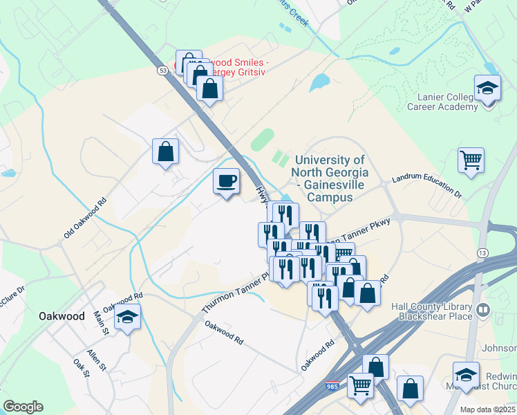 map of restaurants, bars, coffee shops, grocery stores, and more near 3867 Mundy Mill Road in Oakwood