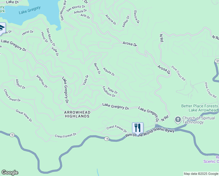 map of restaurants, bars, coffee shops, grocery stores, and more near Valle Drive in Crestline
