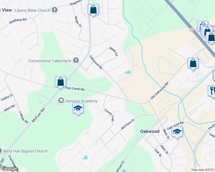 map of restaurants, bars, coffee shops, grocery stores, and more near 5351 Fox Den Road in Oakwood