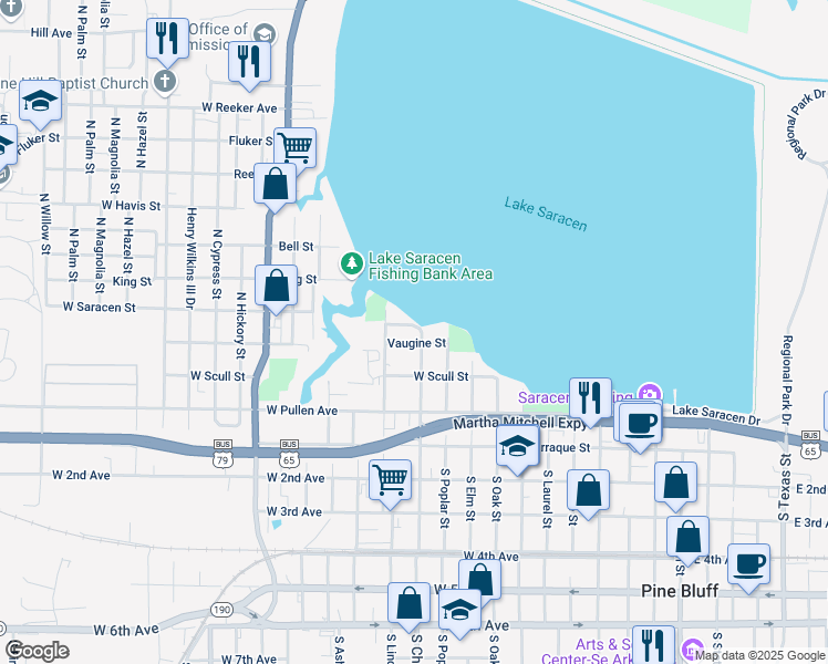 map of restaurants, bars, coffee shops, grocery stores, and more near 1005 Vaugine Street in Pine Bluff