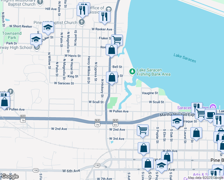 map of restaurants, bars, coffee shops, grocery stores, and more near 405 University Drive in Pine Bluff