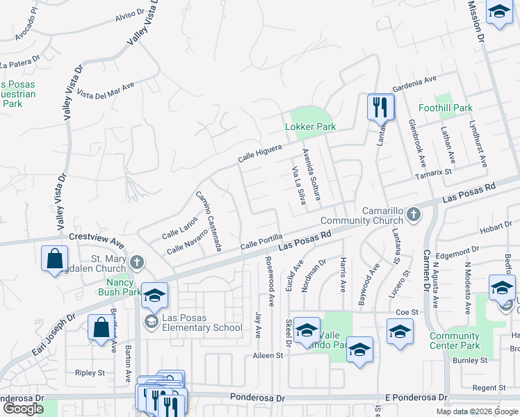 map of restaurants, bars, coffee shops, grocery stores, and more near 1616 Avenida Del Manzano in Camarillo