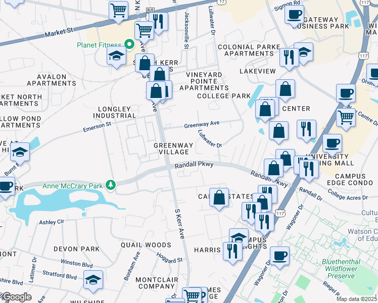 map of restaurants, bars, coffee shops, grocery stores, and more near 321 South Kerr Avenue in Wilmington