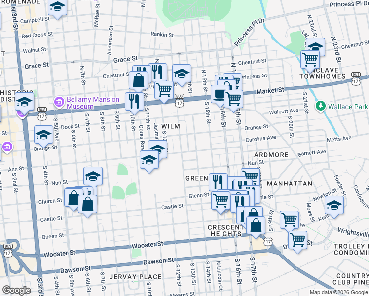 map of restaurants, bars, coffee shops, grocery stores, and more near 220 South 13th Street in Wilmington