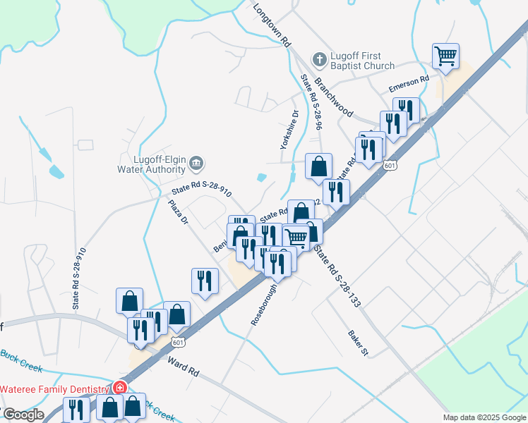 map of restaurants, bars, coffee shops, grocery stores, and more near 44 State Road S-28-910 in Lugoff