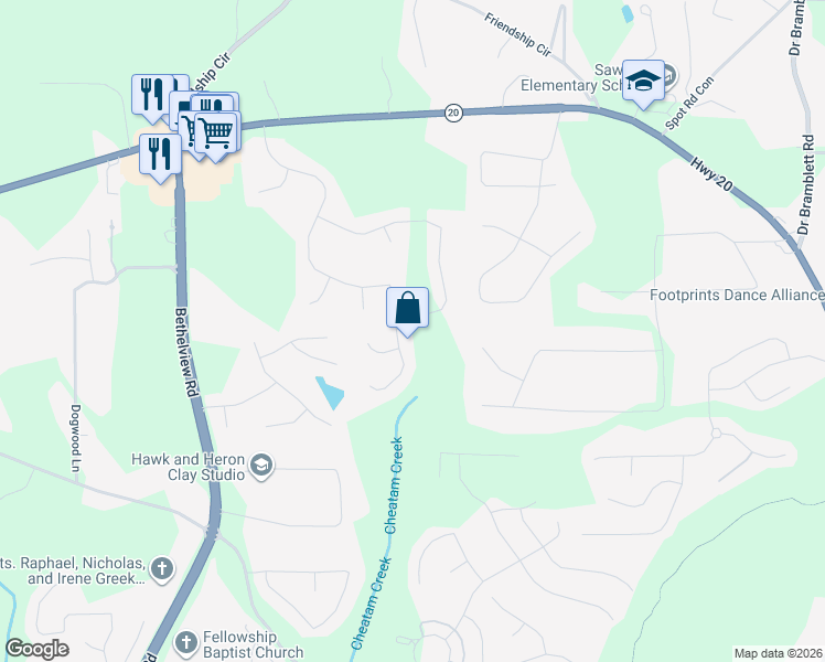 map of restaurants, bars, coffee shops, grocery stores, and more near 2715 Woodland Hills Drive in Cumming