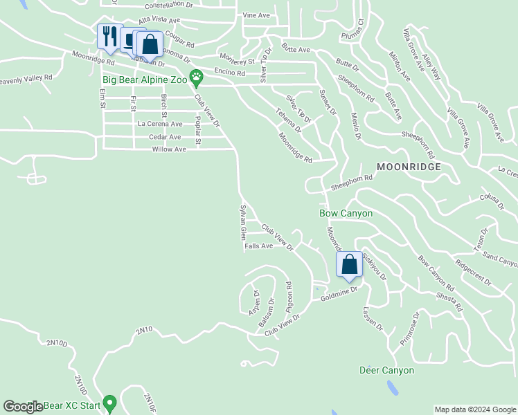 map of restaurants, bars, coffee shops, grocery stores, and more near 1045 Club View Drive in Big Bear Lake