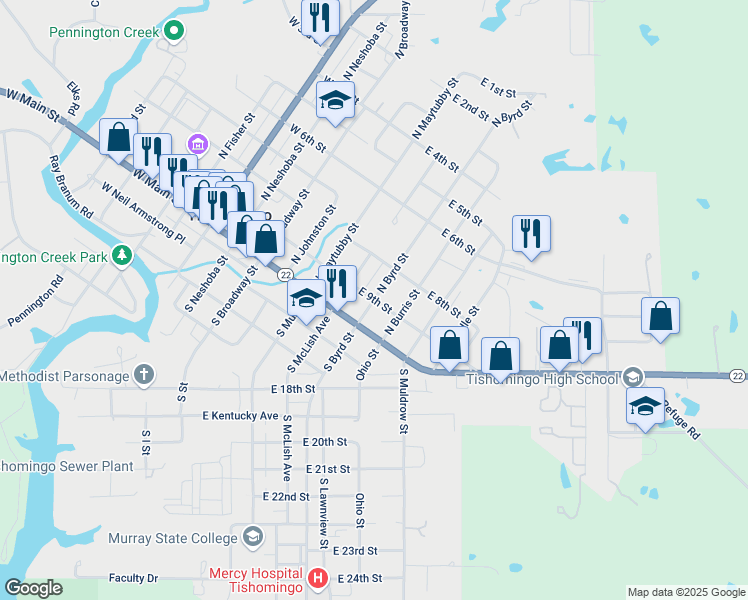 map of restaurants, bars, coffee shops, grocery stores, and more near East 9th Street in Tishomingo
