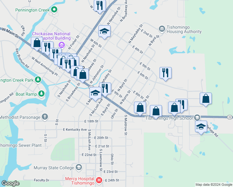 map of restaurants, bars, coffee shops, grocery stores, and more near East 9th Street in Tishomingo