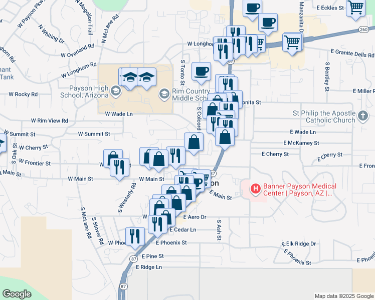 map of restaurants, bars, coffee shops, grocery stores, and more near 208 West Cherry Street in Payson