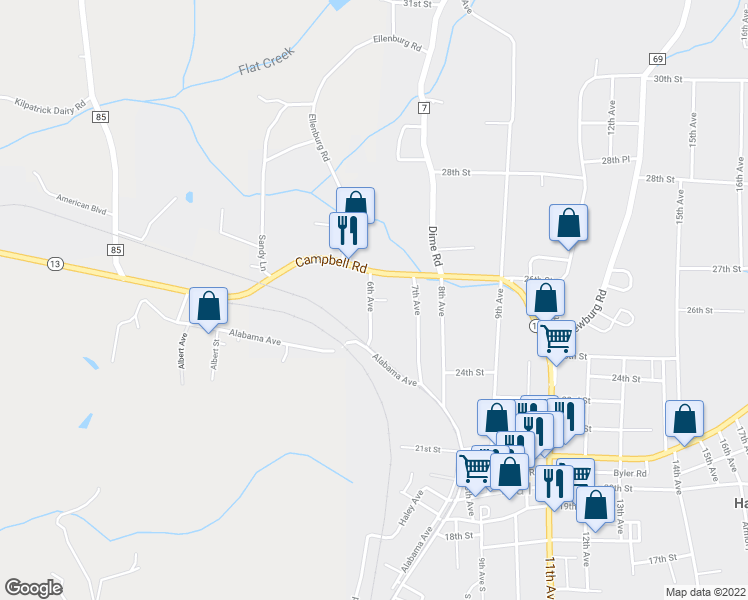 map of restaurants, bars, coffee shops, grocery stores, and more near Mcnutt Drive in Haleyville